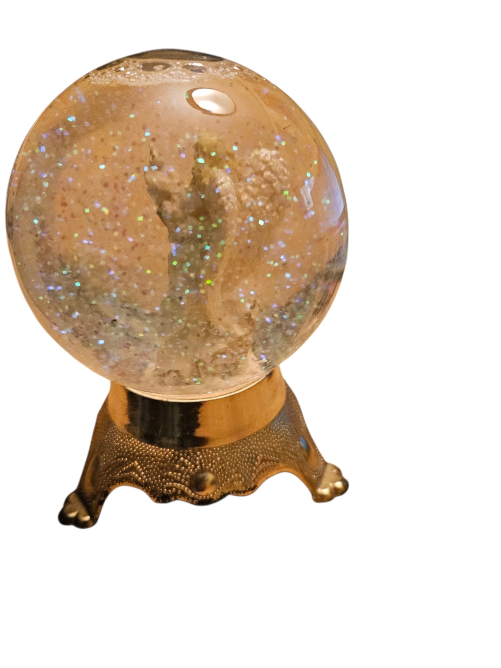 Vintage PECO Angel Snow Globe Angel Holding White Dove Gold Tone Base